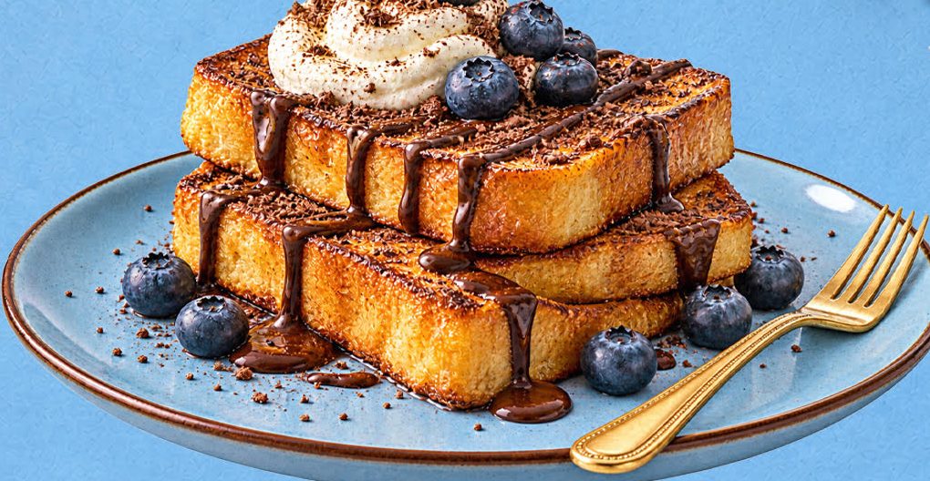Brioche French toast with chocolate drizzle, whipped cream and blueberries.